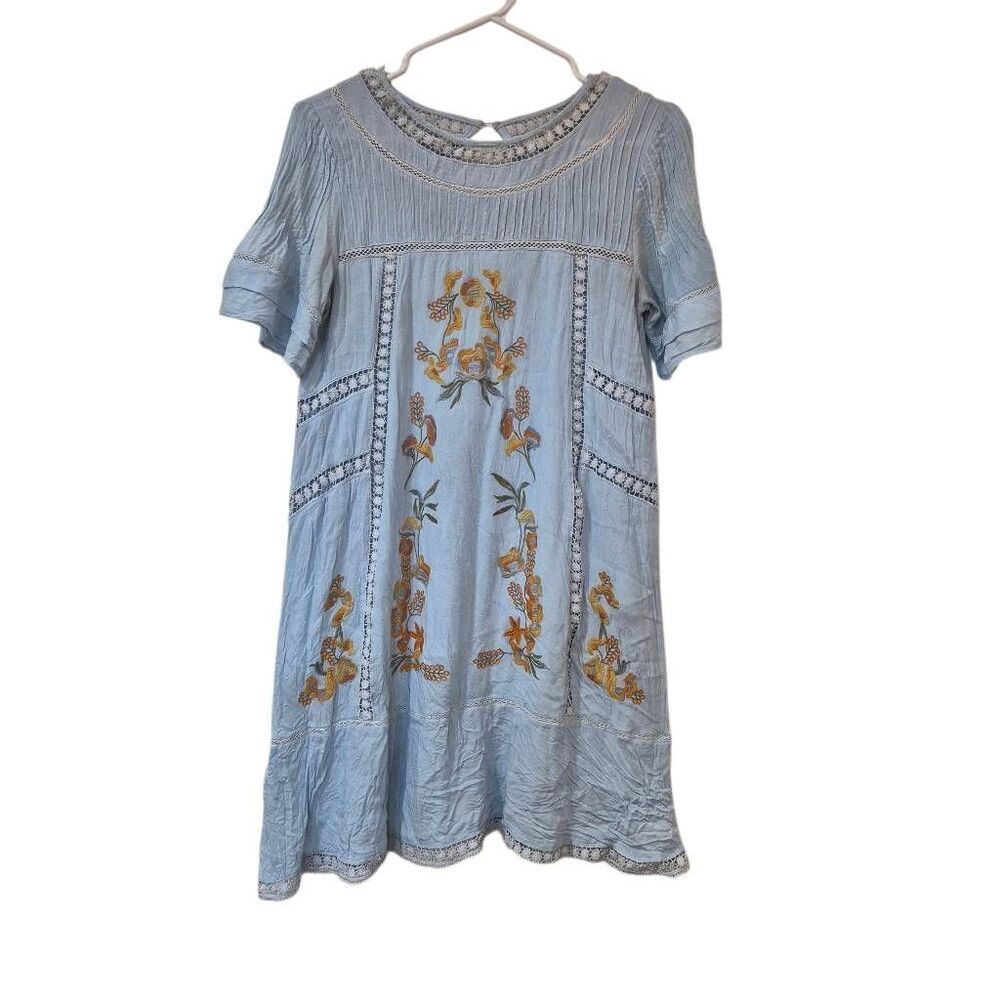 Brass & Roe Light Blue Embroidered Floral Swing Dress Lace Trim Flutter Sleeve M - Picture 2 of 16